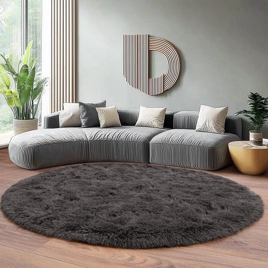 BSGIFT Rond vloerkleed 200cm Antraciet Shaggy Hoogpolig Vloerkleed Woonkamer Pluizig Modern Langpolig Knuffelbaar Vloerkleed Woonkamer Vloerkleed Hoogpolig Tapijt Antislip voor Kinderkamer Slaapkamer