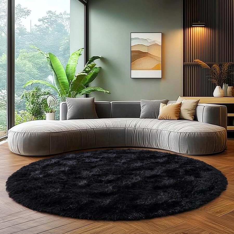 BSGIFT Rond Zwart Tapijt 200 cm Shaggy Hoogpolig Tapijt Woonkamer Pluizig Modern Langpolig Knuffelig Tapijt Woonkamer Tapijt Hoogpolig Tapijt Antislip voor Kinderkamer Slaapkamer
