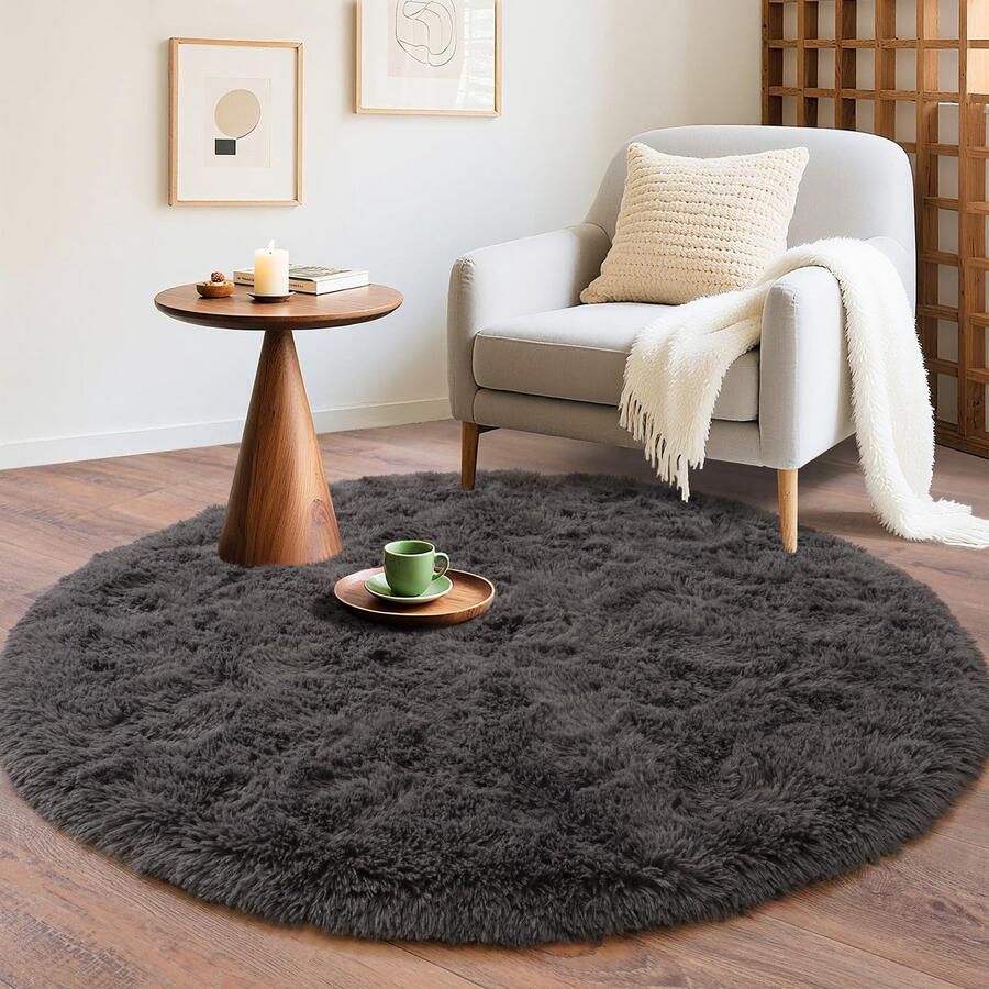 BSGIFT Tapijt Antraciet Rond 120 cm Shaggy Hoogpolig Tapijt Woonkamer Pluizig Modern Langpolig Knuffelig Tapijt Woonkamer Tapijt Hoogpolig Tapijt Antislip voor Kinderkamer Slaapkamer