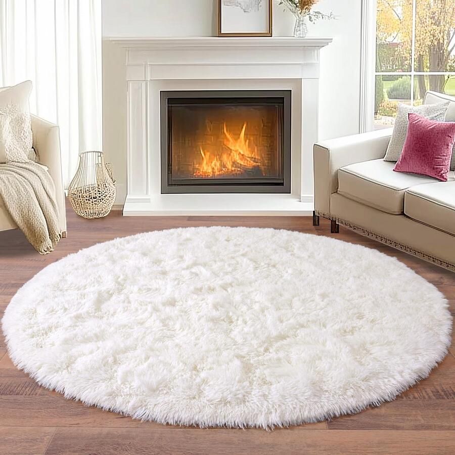 BSGIFT Tapijt Hoogpolig Rond 120 cm Crème Shaggy Langpolig Tapijt Woonkamer Pluizig Modern Woonkamer Tapijt Nachtkastje Tapijt Hoogpolig Tapijt Antislip voor Slaapkamer Kinderkamer