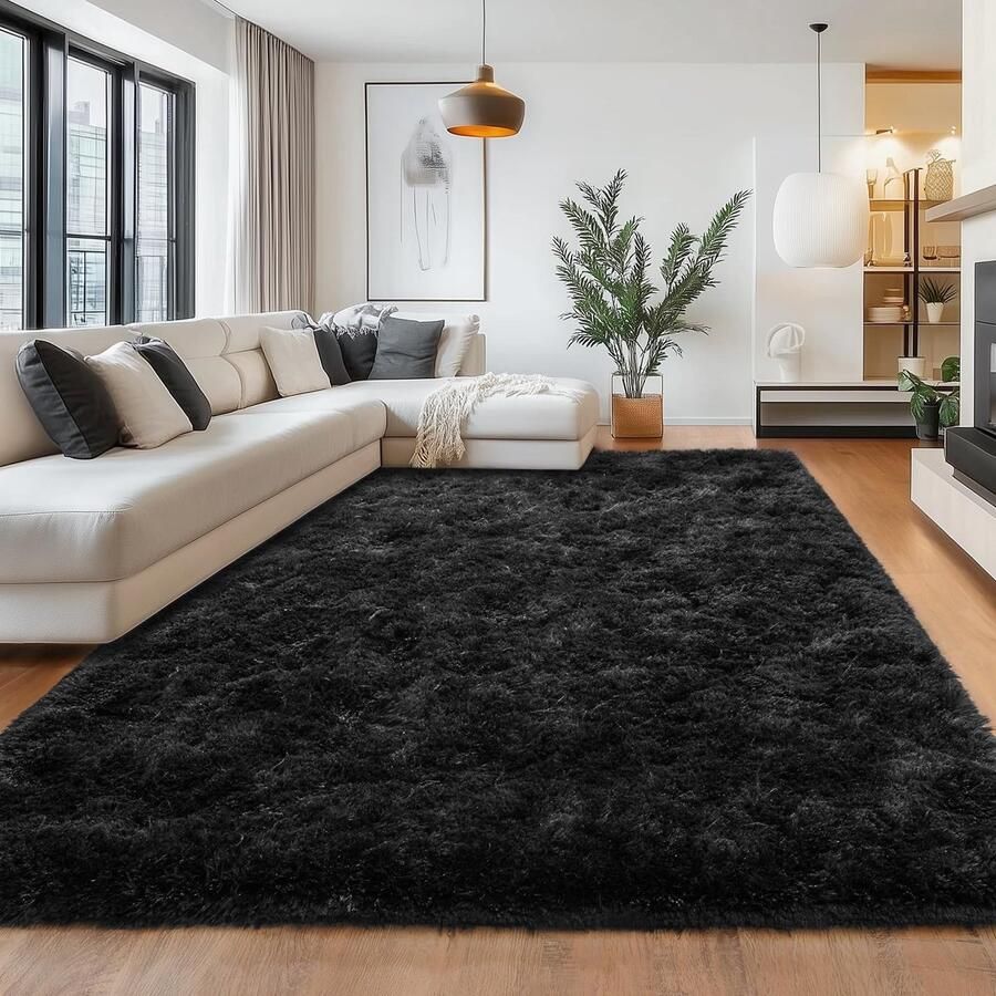 BSGIFT Tapijt Zwart 140x200 Shaggy Fluffy Tapijt Woonkamer Langpolig Tapijt Woonkamer Hoogpolig Tapijt Antislip Moderne Tapijten voor Slaapkamer Kinderkamer Nachtkastje