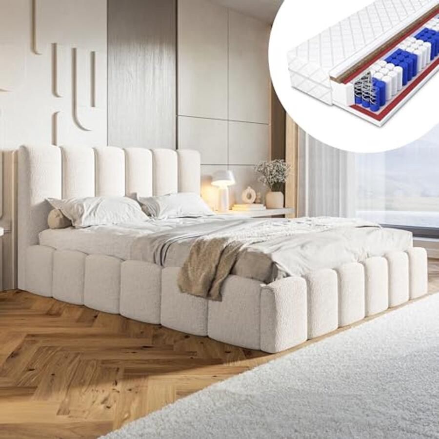 Bubble Gestoffeerd Tweepersoonsbed met Opbergruimte en Boucle Hoofdbord