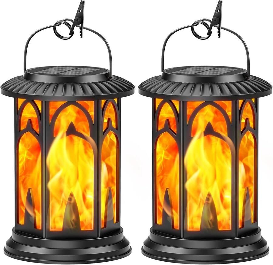 Bucasa Solar Hanglampen Buiten 2 stuks Vintage Lantaarns met Vlam Effect