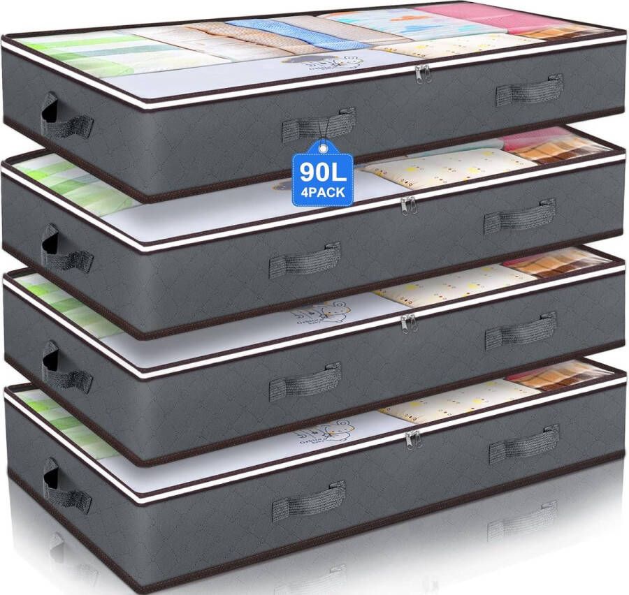 Budding Joy 4 stuks 90 L onderbedopbergdoos met deksel opvouwbare onderbedopbergdoos voor kleding dekbedden en beddengoed grijs
