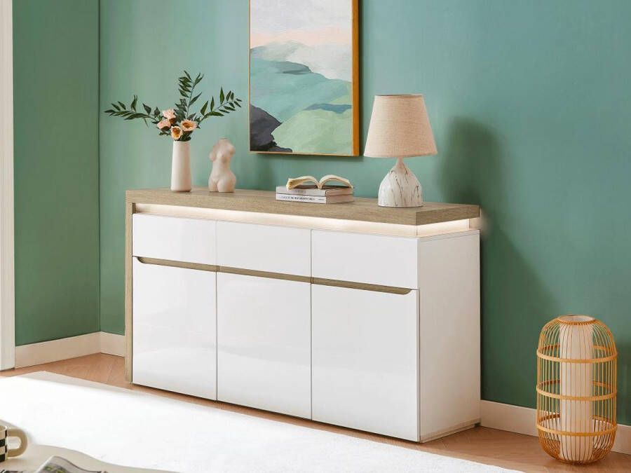 Vente-unique Buffetkast in MDF met 3 deurtjes en 3 lades met ledverlichting Witte lak en houtlook VADEMOSA L 160 cm x H 85 cm x D 40 cm - Foto 3