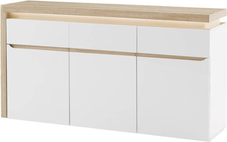 Vente-unique Buffetkast in MDF met 3 deurtjes en 3 lades met ledverlichting Witte lak en houtlook VADEMOSA L 160 cm x H 85 cm x D 40 cm