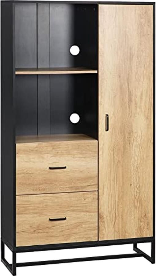 Buffet Keukenkast met 2 Laden en Open Planken Stalen Frame Zwart en Natuurlijke Houtlook 88 x 35 x 160 cm