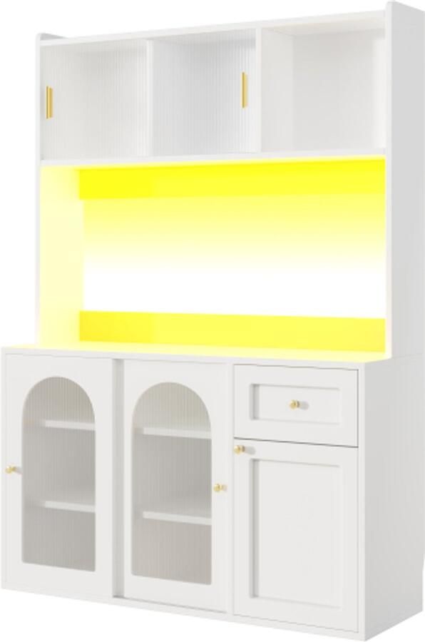 Buffetkast 120x35x167cm Keukenkast Vitrinekast Wit Met Led Verstelbare Planken En Lades Met Glazen Deuren Geschikt Voor Woonkamer En Eetkamer Met Opbergruimte