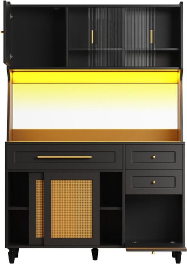 Buffetkast 120x45x195.5cm Keukenkast Vitrinekast Zwart Pe Rattan Met Led Verstelbare Planken En 3 Lades Geschikt Voor Woonkamer En Eetkamer