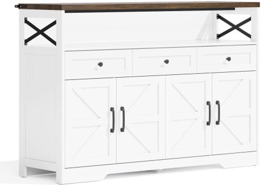 GOTAGEE Buffetkast 140cm met opbergruimte salontafel met 3 lades landelijke console met deuren kasten met planken geschikt voor keuken woonkamer hal rustieke stijl wit bruin