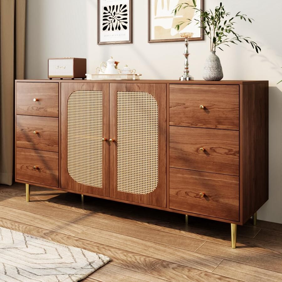 Merlooks Dressoir rotan dressoir opbergkast met lade onafhankelijke houten kast keuken huis woonkamer bruin 160 x 40 x 90 cm - Foto 4