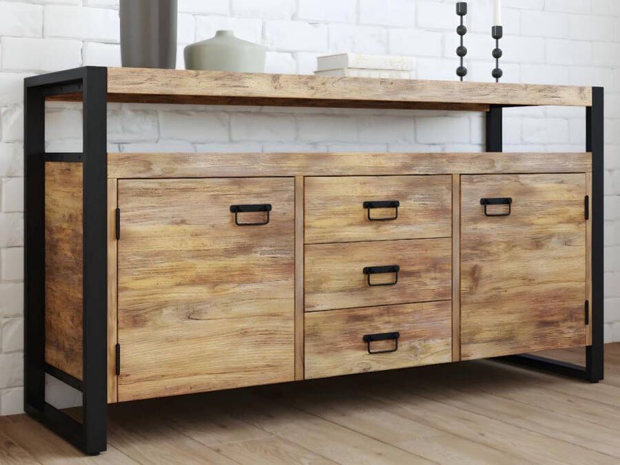 Buffetkast HARLEM 2 deuren en 3 laden Mangohout en metaal L 145 cm x H 80 cm x D 44 cm