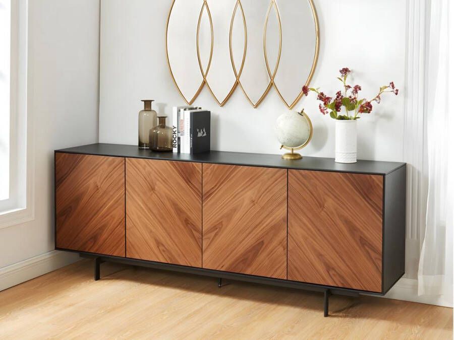 Maison Céphy Buffetkast ISMAEL 4 deuren MDF en metalen poten Fineer noten en zwart L 200 cm x H 75 cm x D 45 cm
