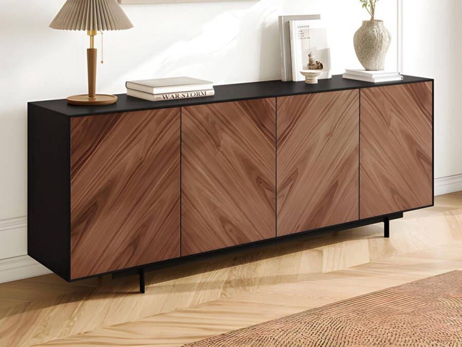 Maison Céphy Buffetkast ISMAEL 4 deuren MDF en metalen poten Fineer noten en zwart L 200 cm x H 75 cm x D 45 cm - Foto 2