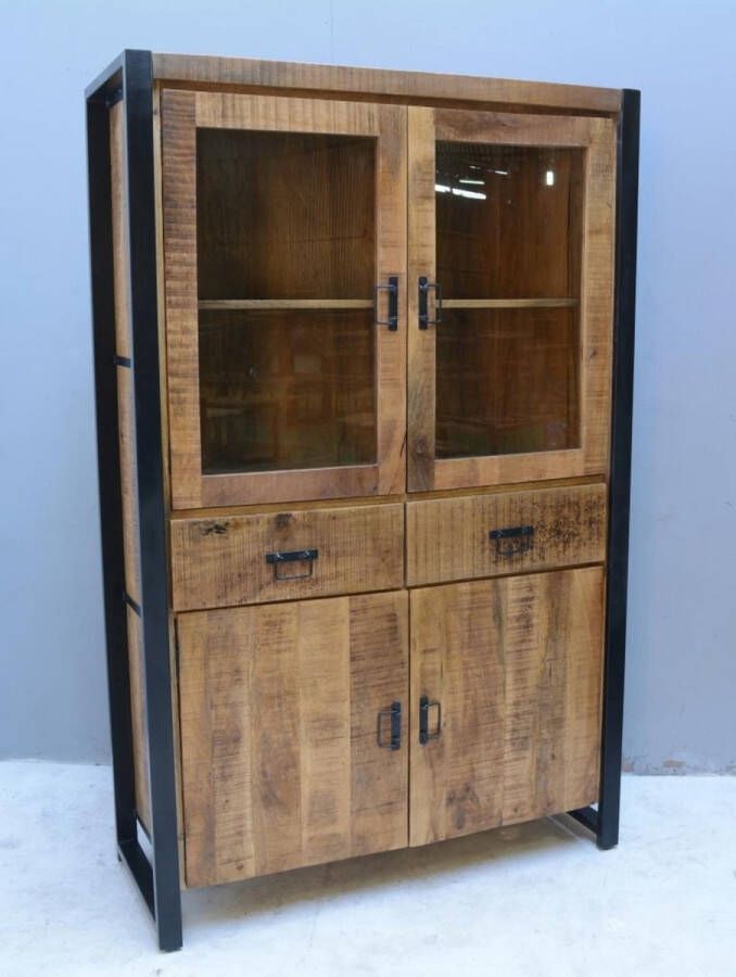 Buffetkast mangohout 2 lades 2 deuren 2 glazen deuren 115x180 cm
