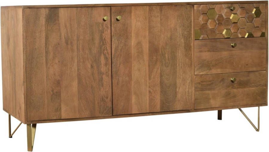 Vente-unique Buffetkast met 2 deurtjes en 3 lades in mangohout en metaal Donkere houtlook en goud BELORI L 160 cm x H 85 cm x D 40 cm - Foto 2