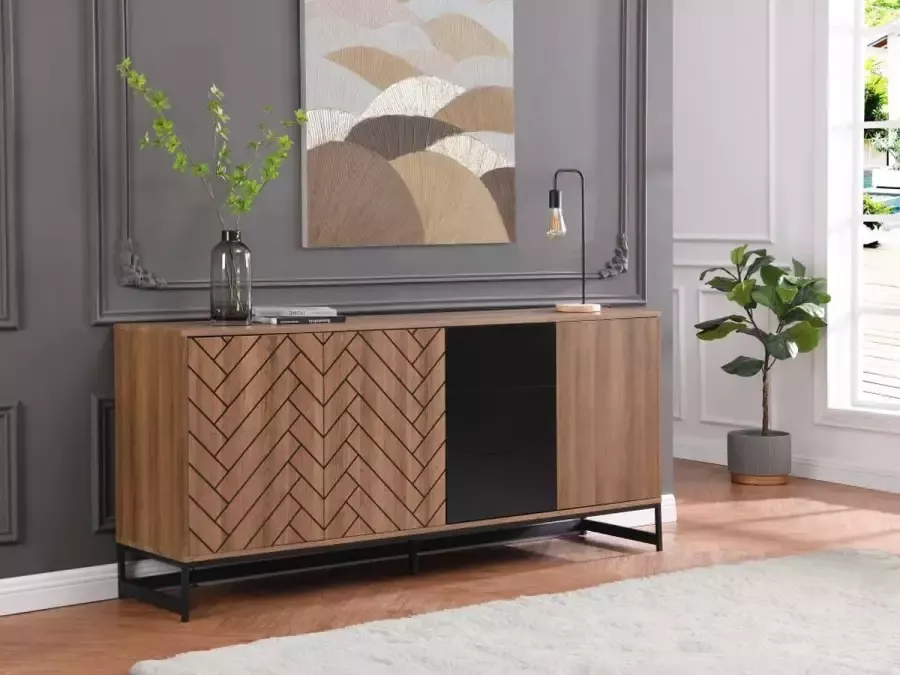 Buffetkast met 3 deuren en 3 laden Mdf Naturel en zwart CARATANA L 180 cm x H 80 cm x D 40 cm - Foto 2