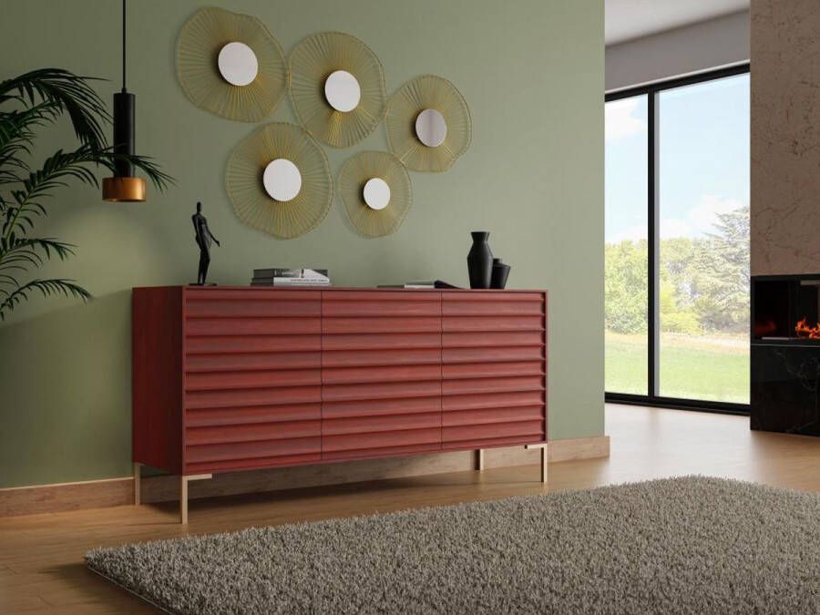 Vente-unique Buffetkast met 3 deurtjes in mangohout en goudkleurig metaal Donkere houtlook MAODISA L 160 cm x H 76.5 cm x D 40 cm