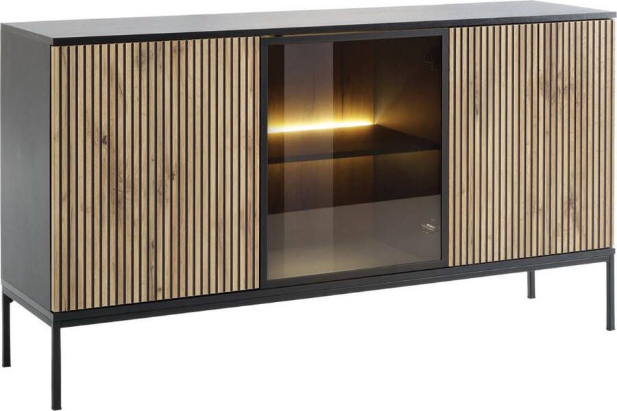 Vente-unique Buffetkast met 3 deurtjes met ledverlichting van mdf en gerookt glas Zwart en naturel OVILA L 153.4 cm x H 83.2 cm x D 39 cm - Foto 3