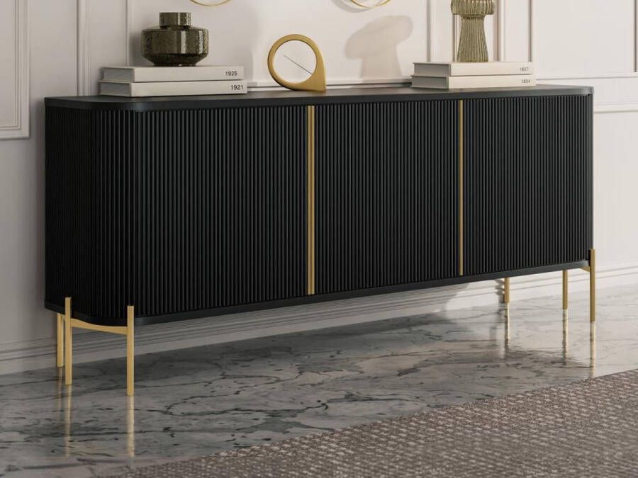 Vente-unique Buffetkast met 3 deurtjes van mangohout en metaal Zwart en goudkleurig BALIMELA L 175.7 cm x H 80 cm x D 40.1 cm - Foto 2