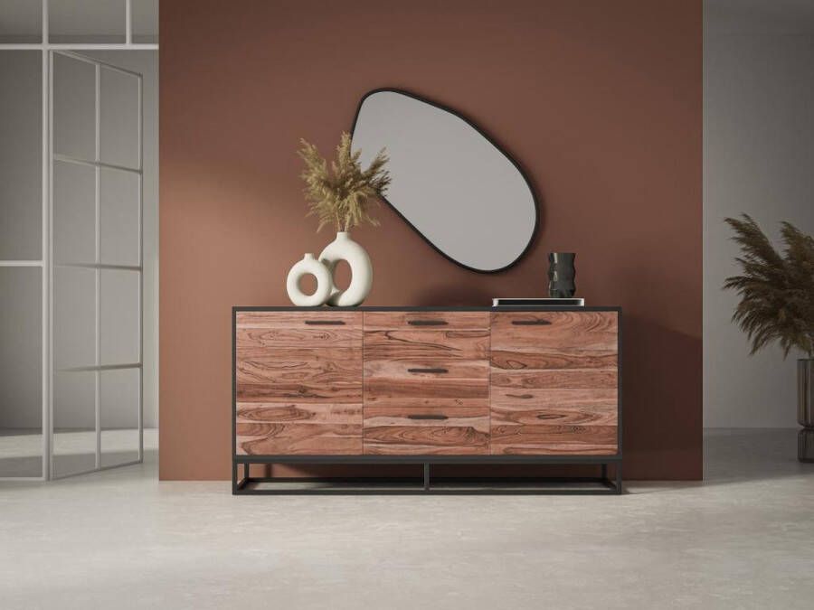 Buffetkast met 3 lades en 2 deuren van acaciahout en metaal Donker naturel en zwart ALYONA L 160 cm x H 81 cm x D 40 cm - Foto 2