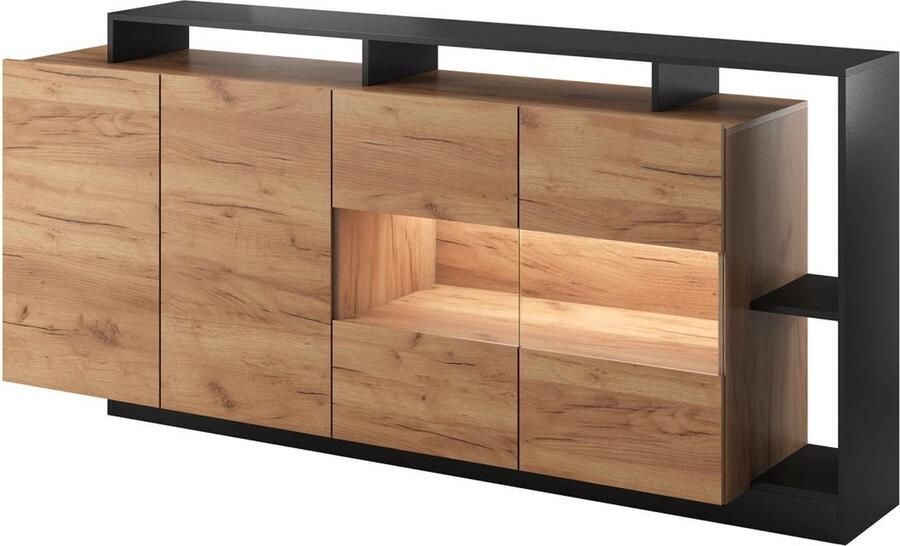 Vente-unique Buffetkast met 4 deuren en 4 nissen met ledverlichting Licht naturel en antraciet IDESIA L 200 cm x H 92.8 cm x D 43.6 cm