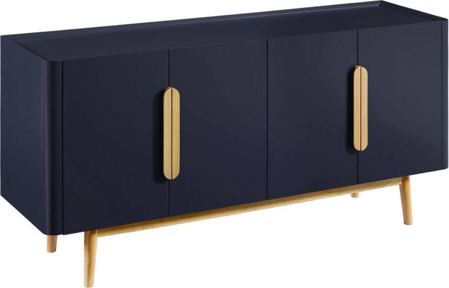 Vente-unique Buffetkast met 4 deurtjes van mdf en hevea Blauw en licht naturel DUNELON L 160 cm x H 75 cm x D 45 cm
