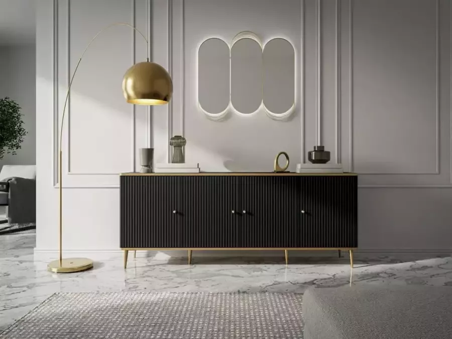 Pascal Morabito Buffetkast met 4 deurtjes van mdf en staal Zwart en goudkleurig SINEAD van L 182 cm x H 73 cm x D 40 cm - Foto 2