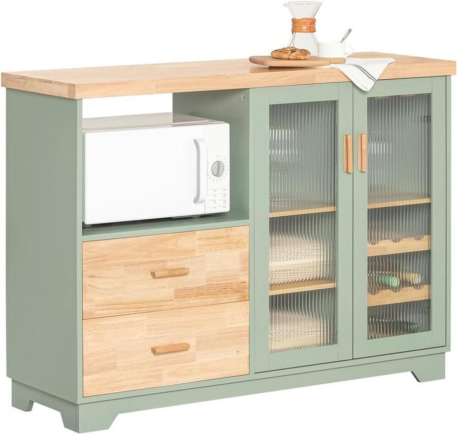 Buffetkast met Glazen Deuren en Wijnglasshouder voor Keuken of Woonkamer Dressoir met 2 Laden en Magnetronvak Groene Opbergkast 120x90x40cm