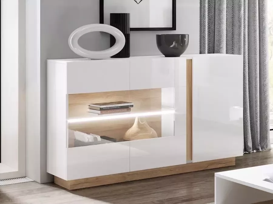 Vente-unique Buffetkast MURARI 3 deuren met ledverlichting Hoogglans wit en eiken L 138.2 cm x H 90.5 cm x D 40 cm - Foto 3