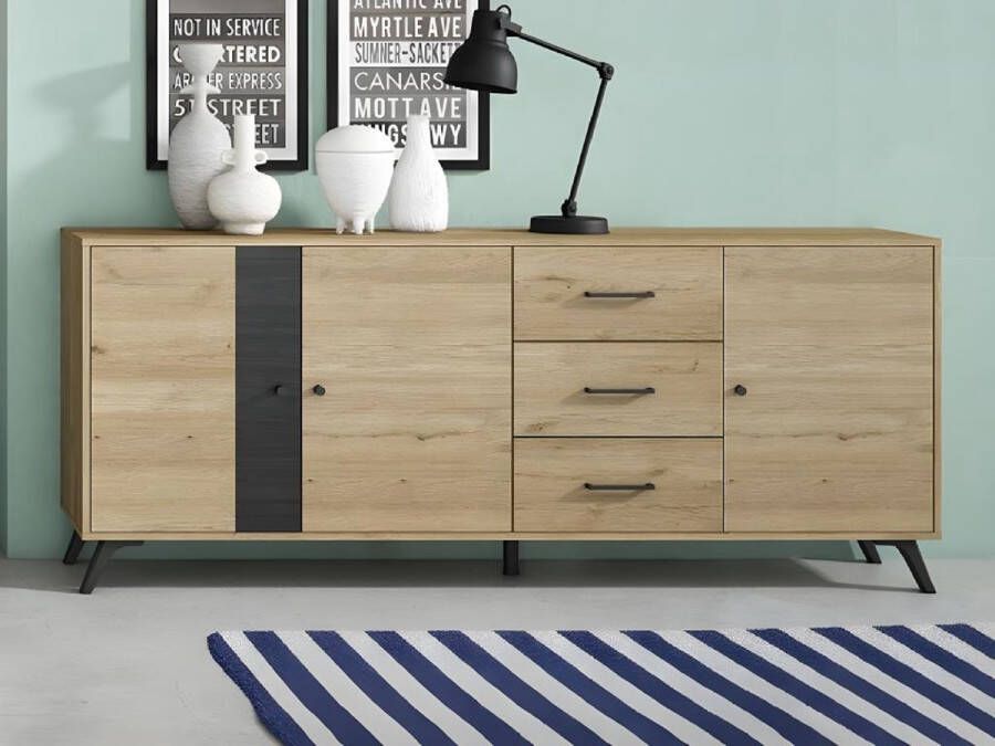 Buffetkast PORTLAND 3 laden en 3 deuren eiken en zwart L 180.5 cm x H 81 cm x D 40 cm