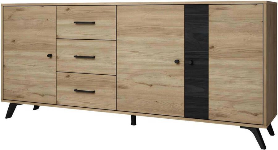 Buffetkast PORTLAND 3 laden en 3 deuren eiken en zwart L 180.5 cm x H 81 cm x D 40 cm