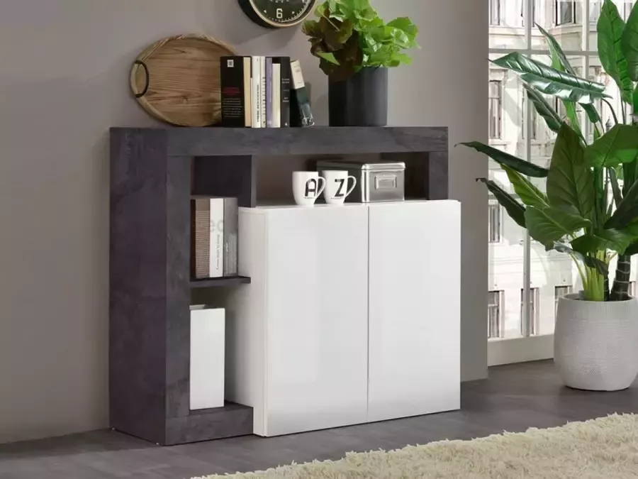 Vente-unique Buffetkast SEFRO 2 deuren en 3 nissen Wit gelakt en beton L 108 cm x H 93 cm x D 42 cm - Foto 2