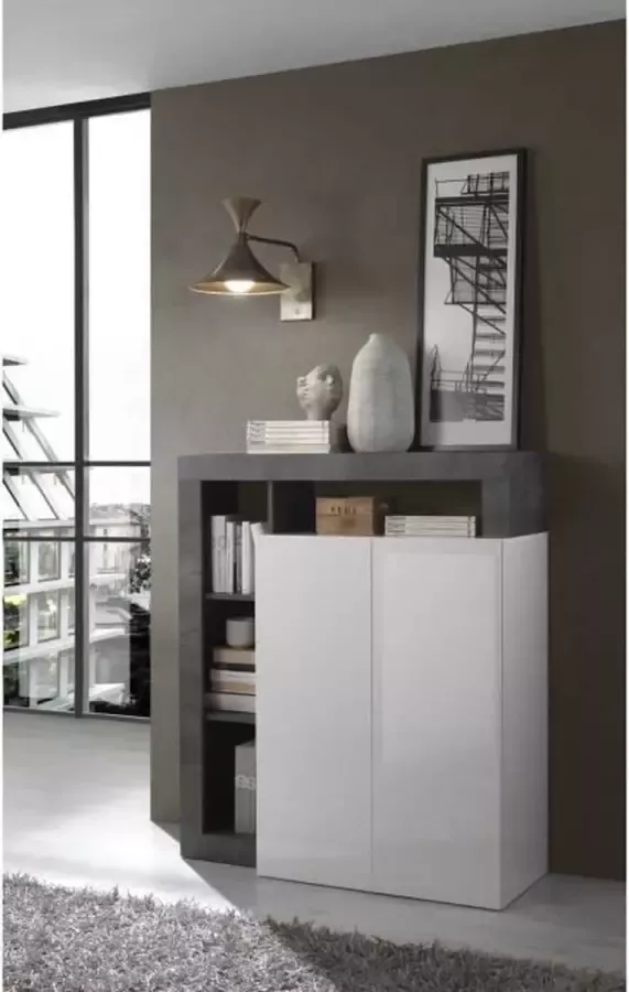 Vente-unique Buffetkast SEFRO 2 deuren en 3 nissen Wit gelakt en beton L 108 cm x H 93 cm x D 42 cm