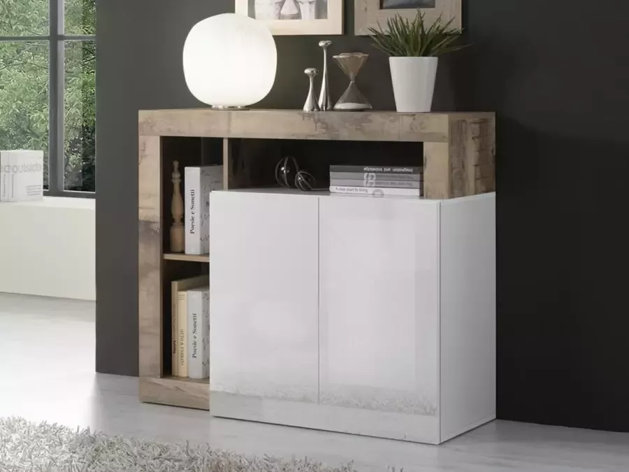 Vente-unique Buffetkast SEFRO 2 deuren en 3 nissen Wit gelakt en eiken L 108 cm x H 93 cm x D 42 cm - Foto 2