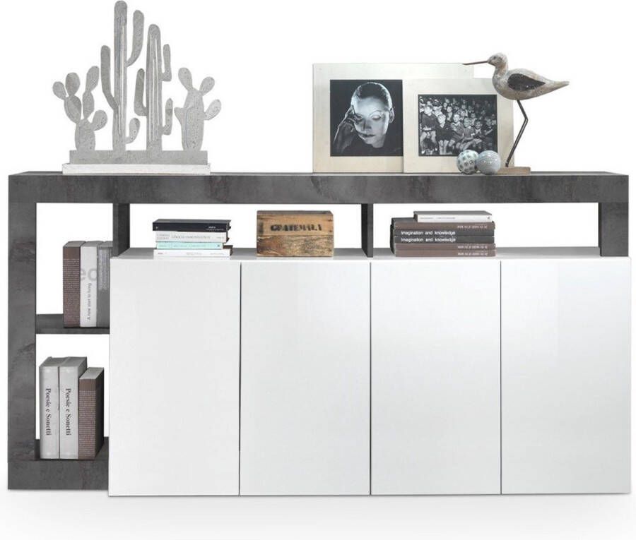 Vente-unique Buffetkast SEFRO 4 deuren en 4 nissen Witgelakt en betonkleur L 184 cm x H 93 cm x D 42 cm - Foto 2