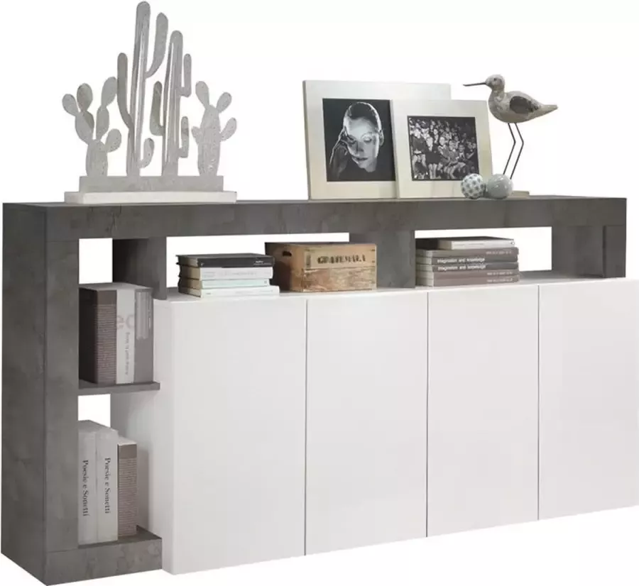 Vente-unique Buffetkast SEFRO 4 deuren en 4 nissen Witgelakt en betonkleur L 184 cm x H 93 cm x D 42 cm