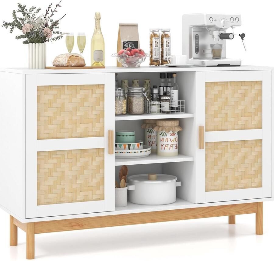 Buffetkast van hout met bamboedeuren en open planken 120 cm stijlvol dressoir voor keuken eetkamer en woonkamer - Foto 2