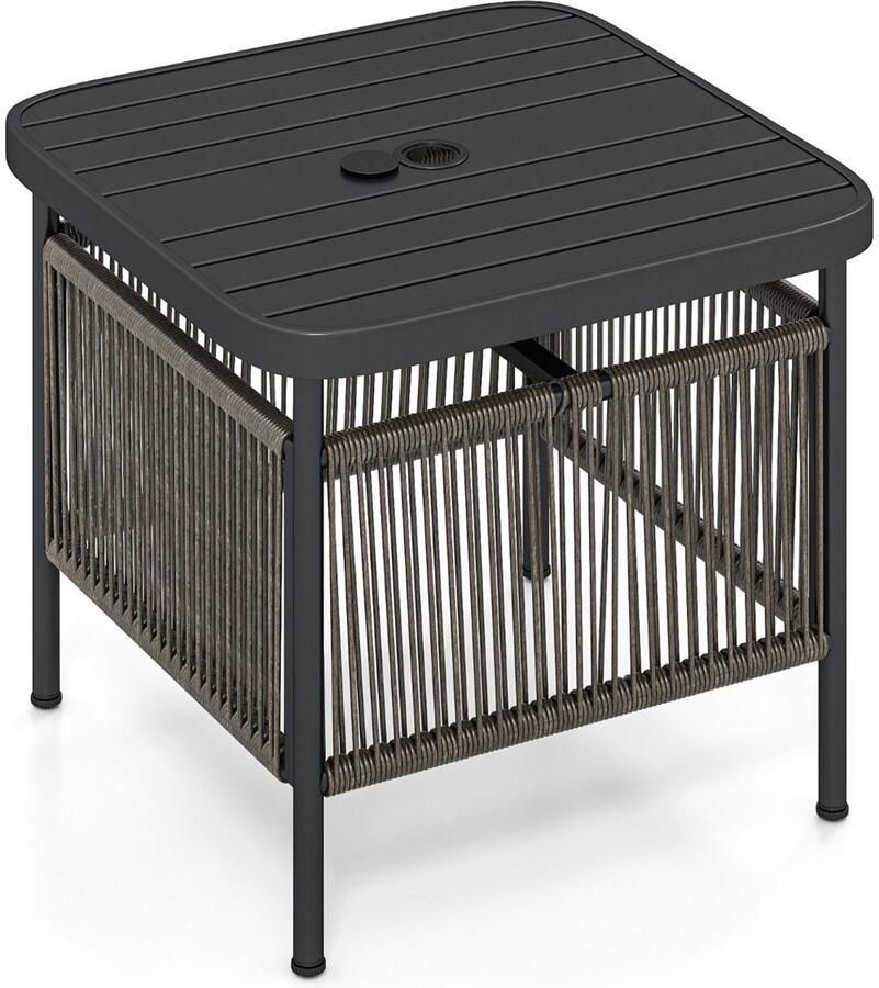 Buiten bijzettafel met parasolgat (Ø 4 cm) – 2-laags metalen terrastafel met opbergplank – Zwart Naturel