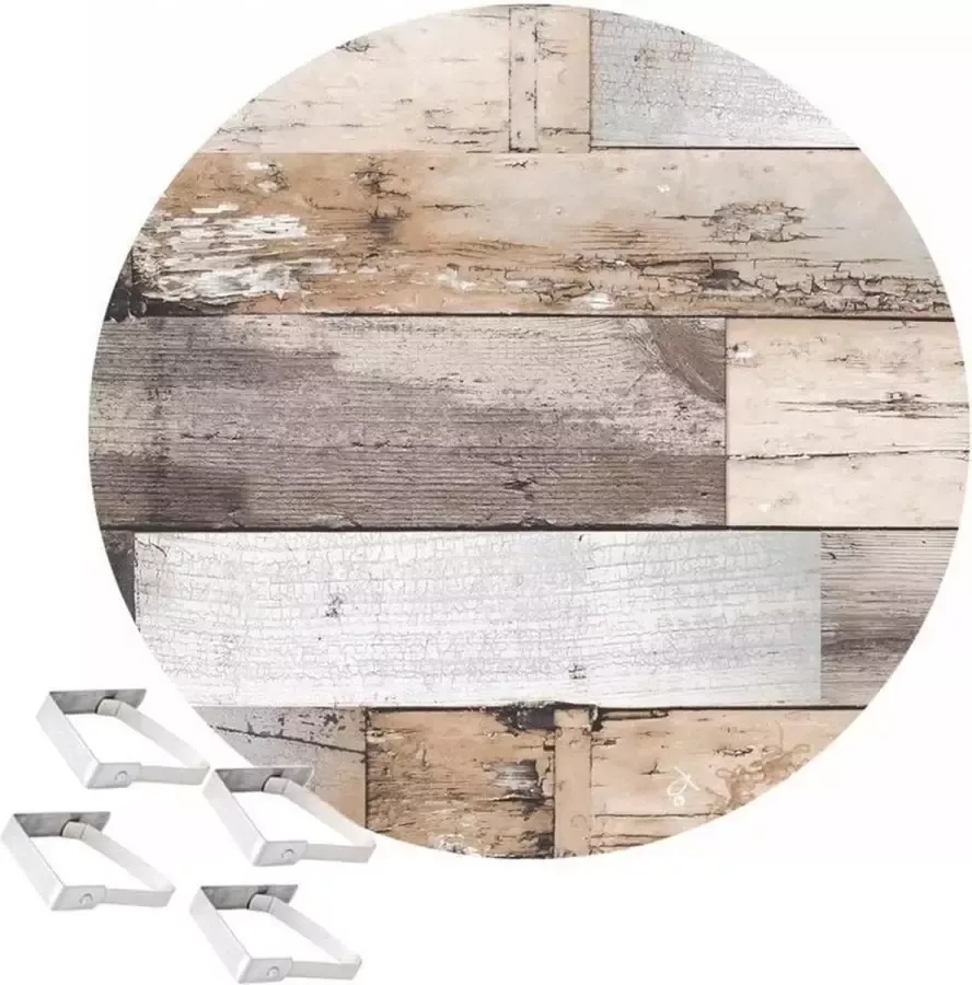 Buiten tafelkleed tafelzeil bruin hout print 160 cm rond met 4 tafelkleedklemmen Tuintafelkleed tafeldecoratie