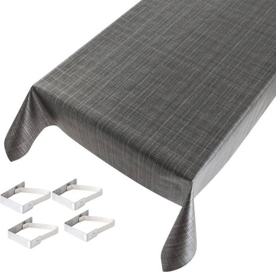 Buiten tafelkleed tafelzeil tweed antraciet 140 x 245 cm met 4 tafelkleedklemmen Tuintafelkleed tafeldecoratie
