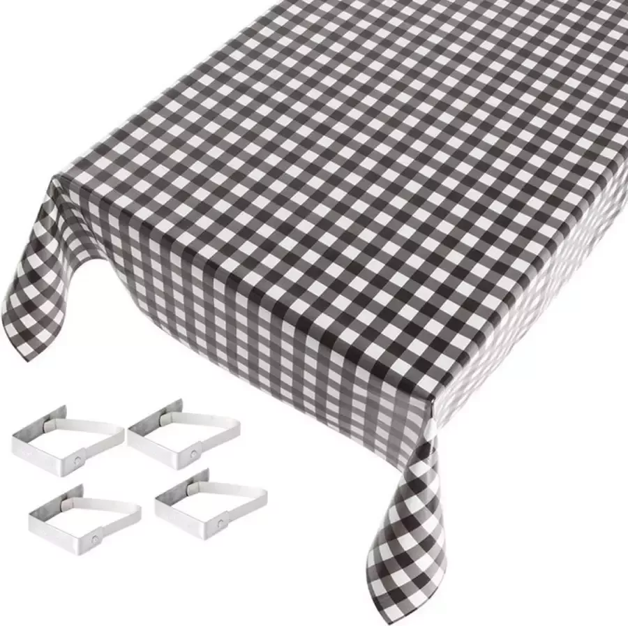 Buiten tafelkleed tafelzeil zwarte ruiten 140 x 240 cm met 4 tafelkleedklemmen Tuintafelkleed tafeldecoratie