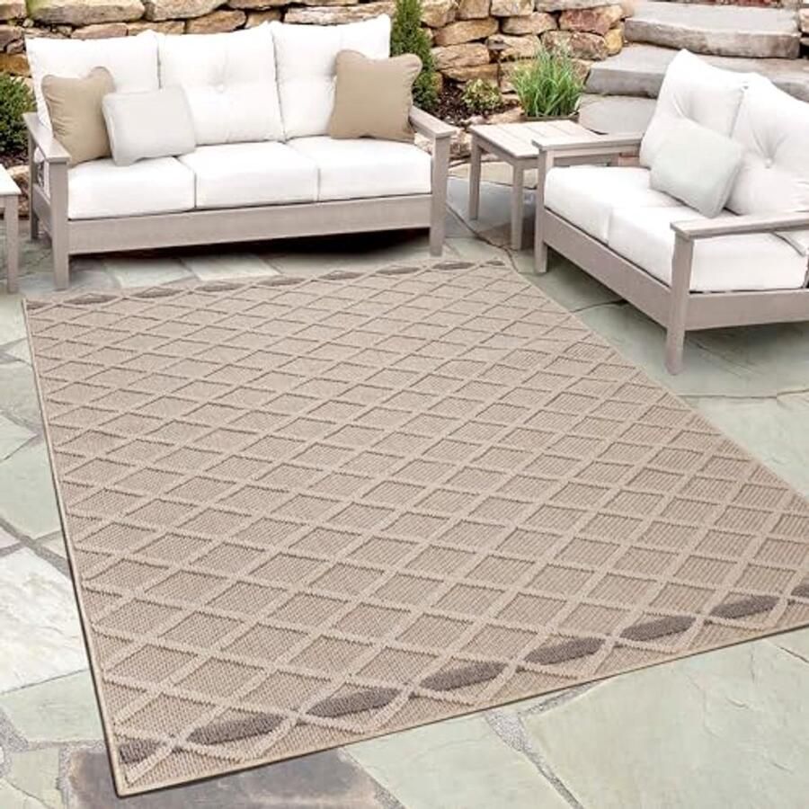 Buiten Tapijt Beige met Diamant Ontwerp Rechthoekig Vloerkleed Voor Terras Balkon Tuin of Keuken 80 x 150 cm