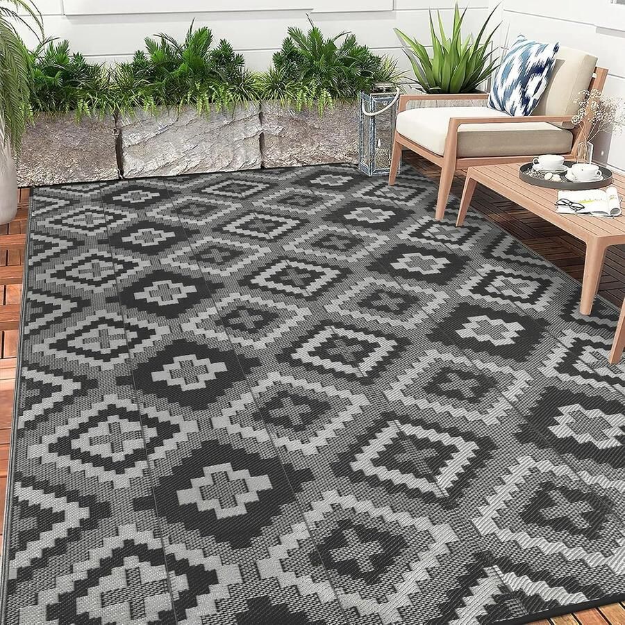 Buiten Vloerkleed Buitenkleden Buitentapijt Opvouwbaar UV-bestendig Waterdicht Buitenmatten voor Buiten Balkon Strand Picknick -Terras Rechthoekig 240 x 300 cm Zwart Grijs