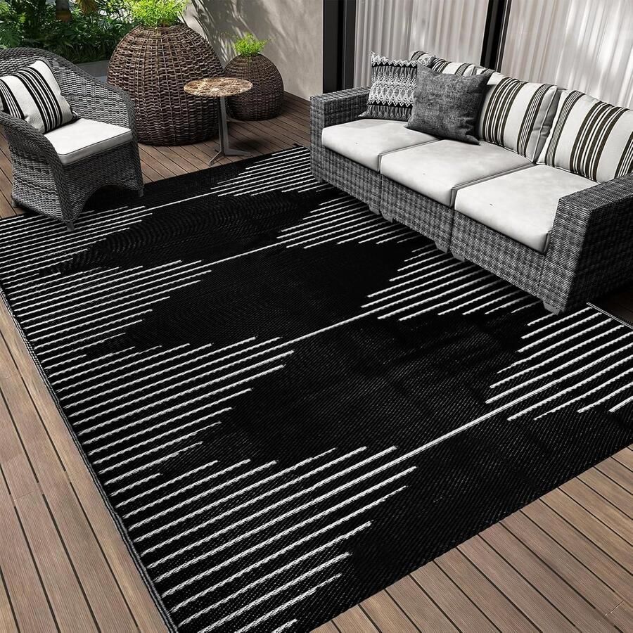 Buiten Vloerkleed Buitenkleden Buitentapijt Opvouwbaar UV-bestendig Waterdicht Buitenmatten voor Buiten Balkon Strand Picknick -Terras Rechthoekig 180 x 270 cm Zwart