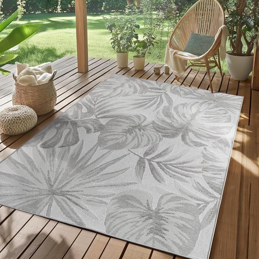 Buiten Vloerkleed grijs 80x250 cm weerbestendig en UV-bestendig ideaal voor de keuken balkon terras evenals de woonkamer en eetkamer Palmbladeren-design