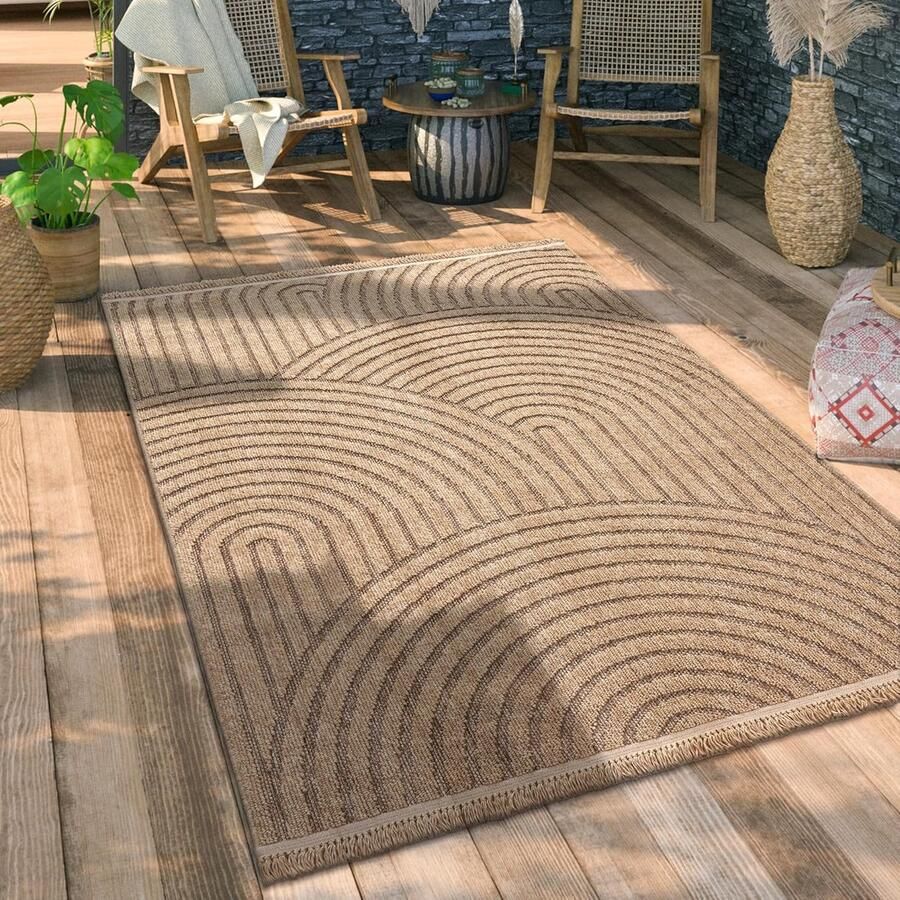 Buiten Vloerkleed Tapijt voor Binnen en Buiten Maat 120x160 cm Beige Boho Patroon Bloemen Geometrisch