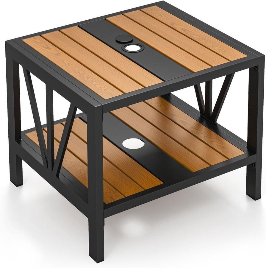 Buitenbijzettafel – 2-laags metalen terrastafel met parasolgat (1 57 inch) en opbergplank