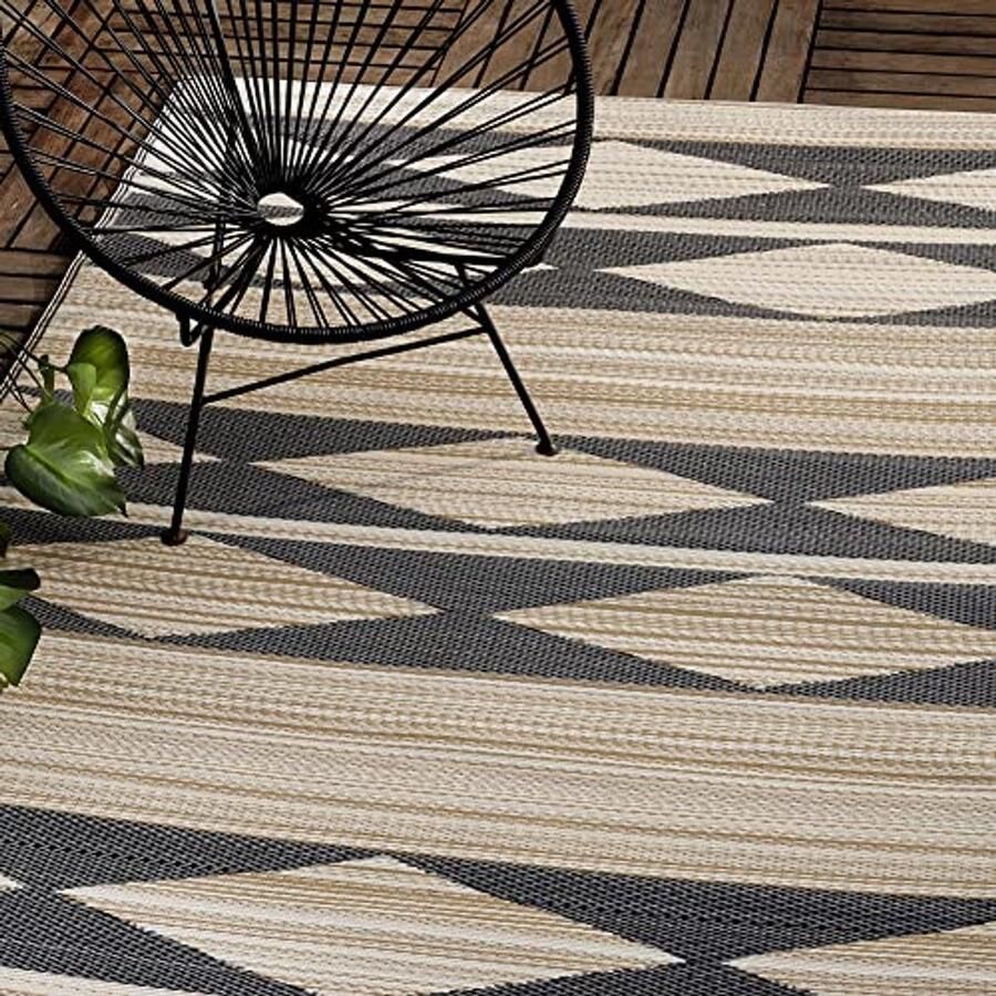 Buitendapijt Waterdicht en Vervagingsbestendig Omkeerbaar Premium Gerecycled Kunststof Neutraal Geometrisch Tribal Tuin Terras Balkon 150 x 240 cm