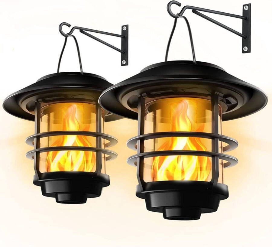 Buitenlamp Lampen op zonne-energie voor buiten tuin glas en metaal IP65 waterdicht flakkerende vlammen wandlampen 2 stuks hangende muurbeugel voor veranda terras en binnenplaats [Energieklasse A]